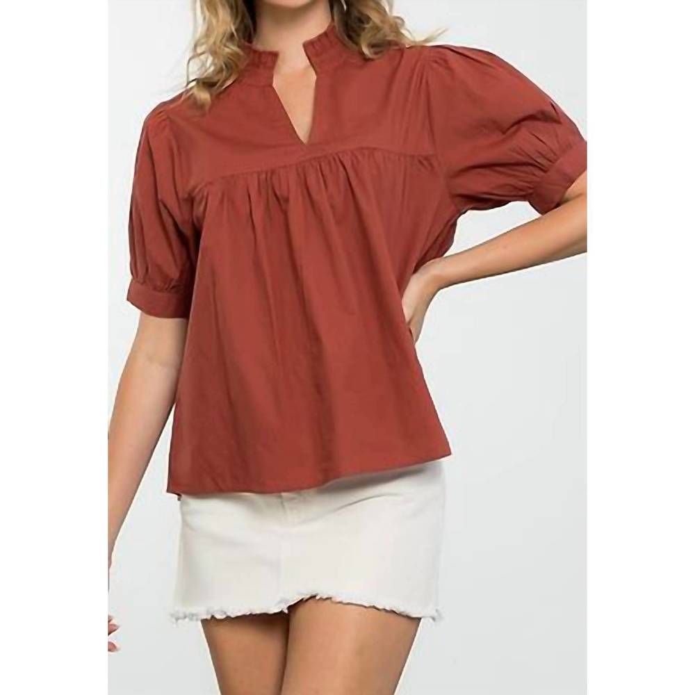 THML Rust Red Puff Sleeve V-Neck Blouse